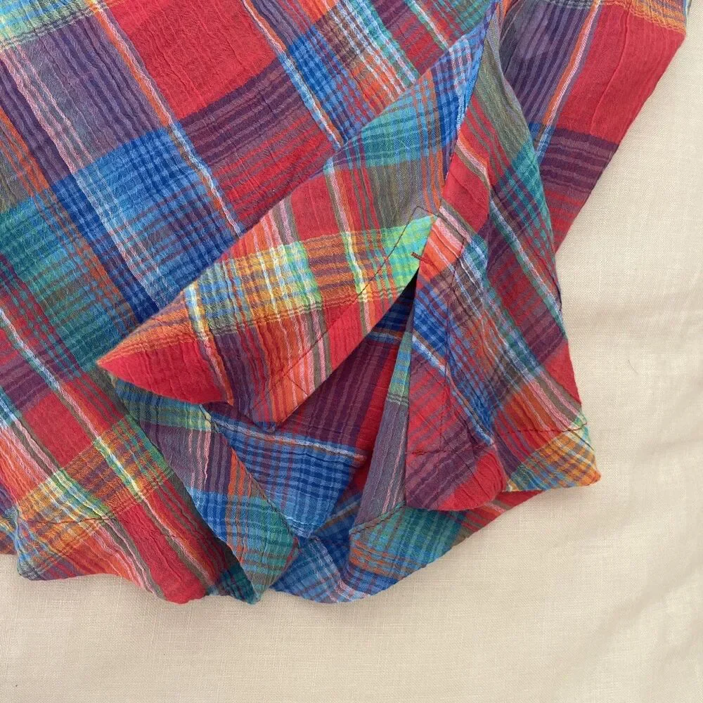 $80 LAUREN Ralph Lauren Plaid Madras  Crinkle Cotton Off Shoulder Top L - Picture 6 of 9